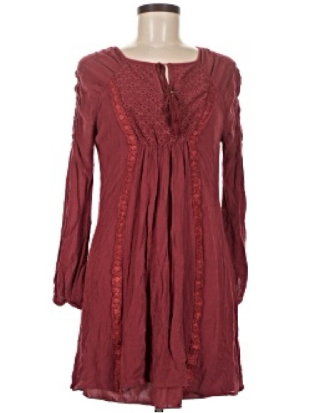 Vanity Boho Romantic Lace Inset Long Sleeve Mini Dress Size S In Rustic Red
